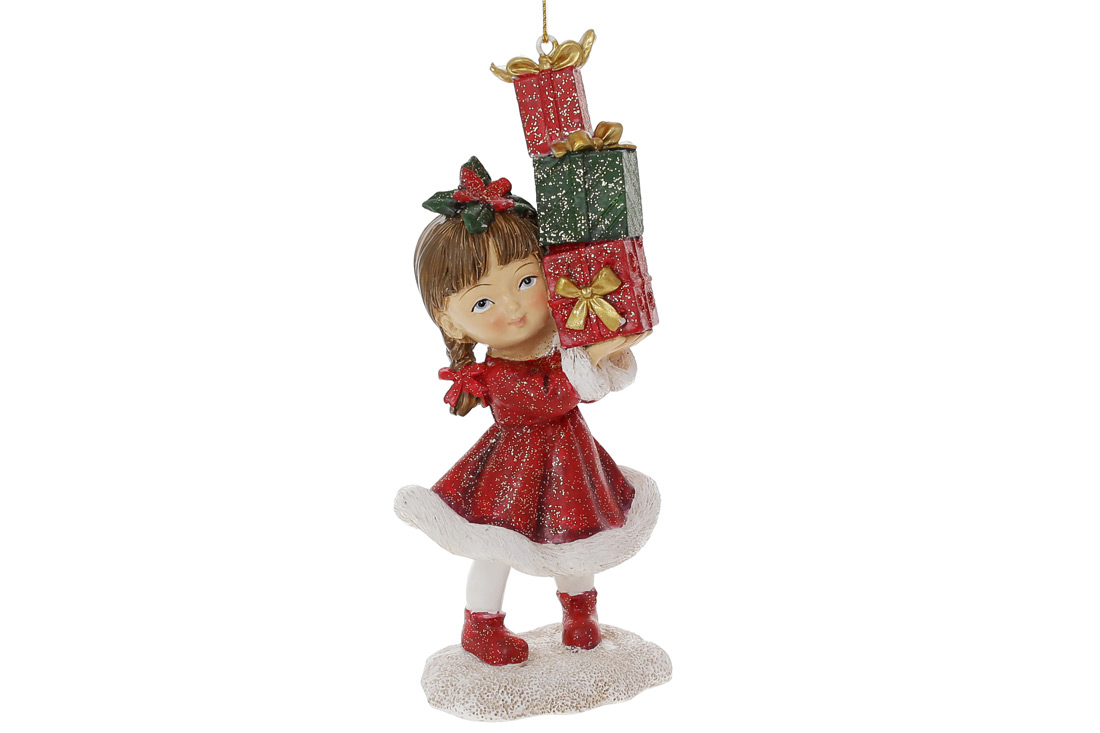 Декоративна фігурка на підвісі Дівчинка з подарунками 12см, колір - червоний, зелений з білим K07-323 оптом