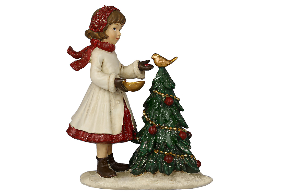 Декоративна статуетка Дівчинка годує пташку в лісі, 9.5х5х12см, колір - кремово-червоний із зеленим K07-421 оптом