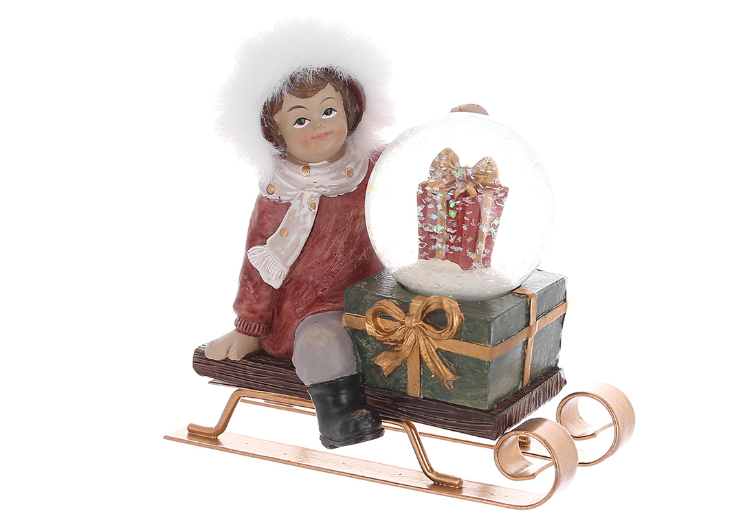 Декоративна статуетка з водяною кулею Хлопчик на санчатах з подарунками 10.5х11см 890-211 оптом