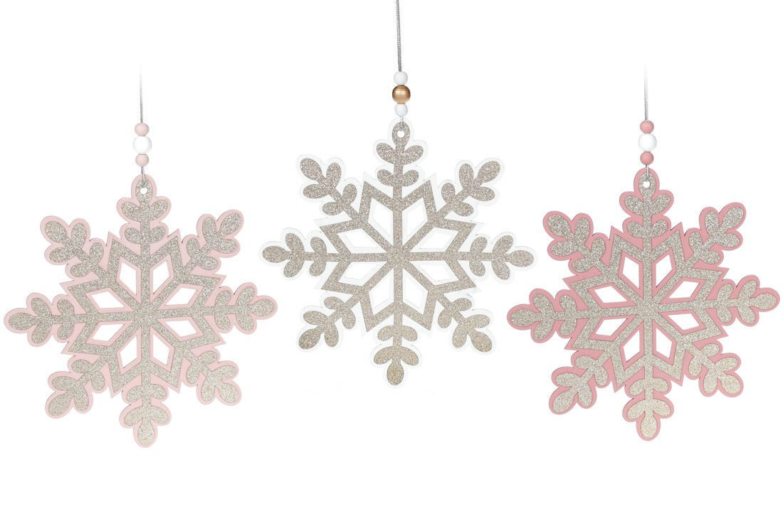 Підвісний дерев'яний декор Сніжинка з гліттером, 3 дизайни, 24см 738-182 оптом