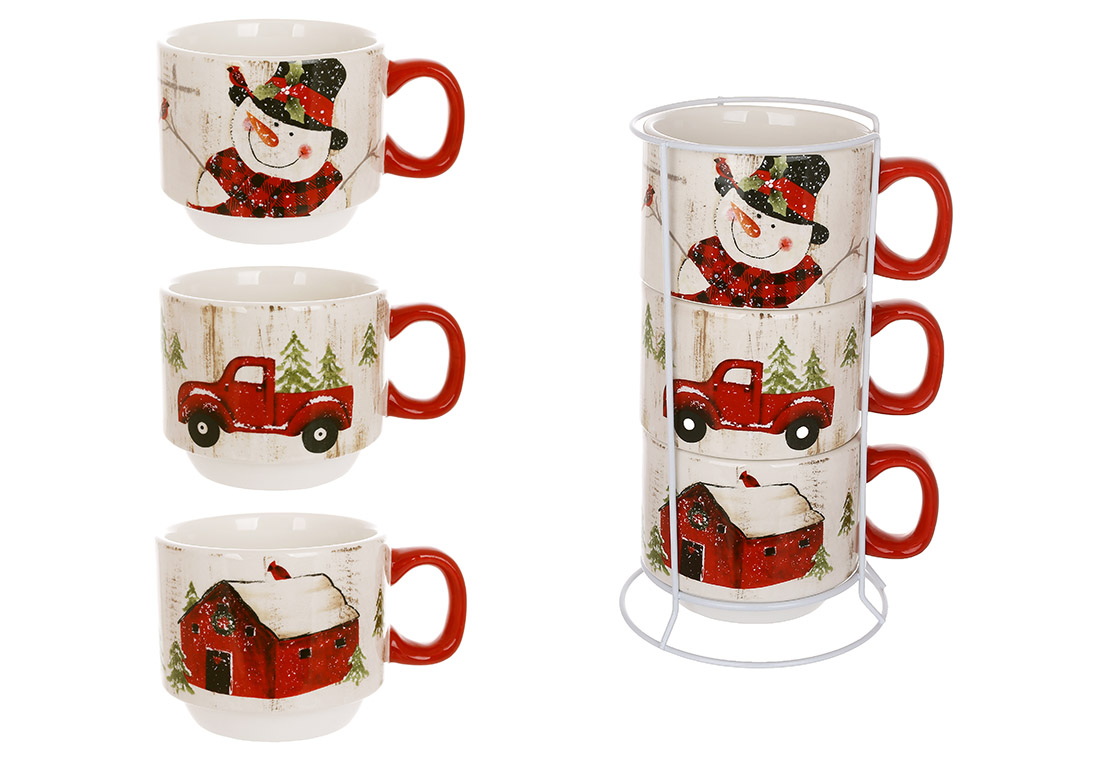 Набір кухлів (3шт) на металевій підставці 400мл Веселий сніговик DK007-N оптом Набір кухлів (3шт) на металевій підставці 400мл Веселий сніговик DK007-N оптом