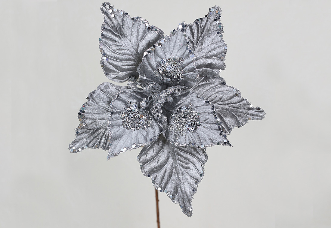 Оксамитова квітка D26*21см, колір-сірий з глітером RM7-078 оптом