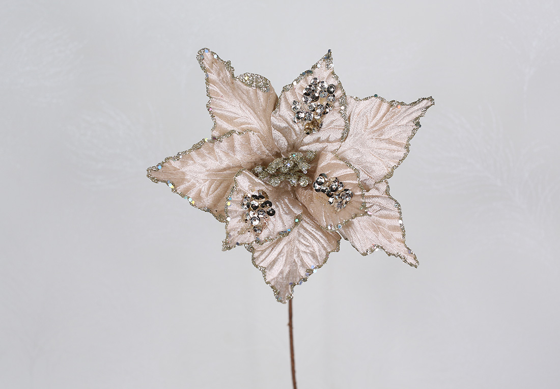 Оксамитова квітка D26*21см, колір світло-бежевий з глітером RM7-125