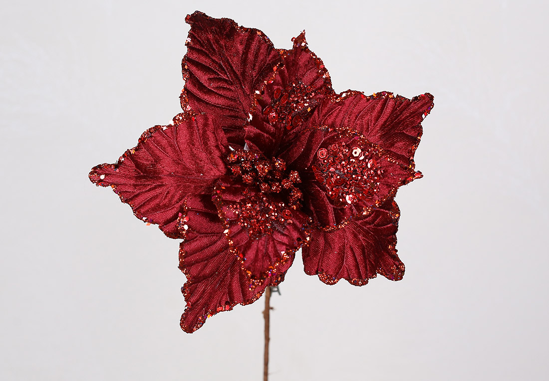 Оксамитова квітка D28*21см, колір-червоний з глітером RM7-128 оптом