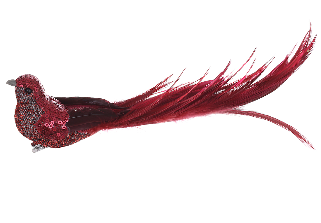 Декоративний птах на кліпсі 28см з декором з паєток, колір - бордо RM7-434