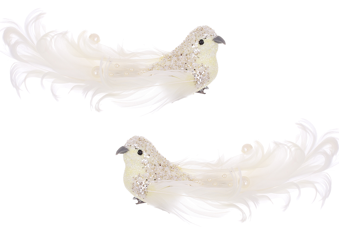 Декоративний птах на кліпсі 16см з декором з гліттера та перлів, 2 дизайни, колір - блідо-жовтий