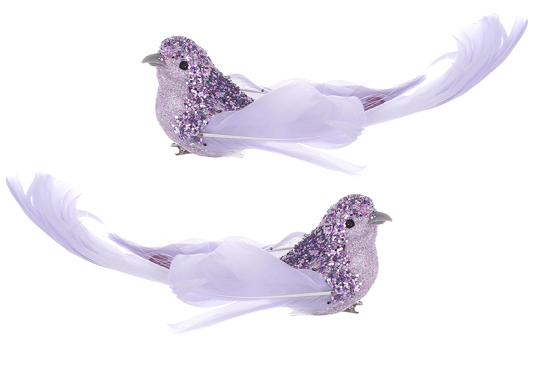 Декоративний птах на кліпсі 16см з декором з гліттера та перлів, 2 дизайни, колір - блідо-бузковий