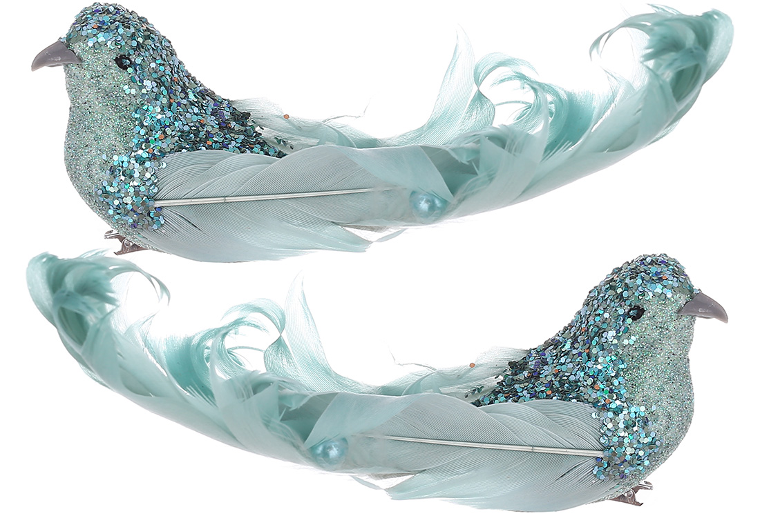 Декоративний птах на кліпсі 16см з декором з гліттера та перлів, 2 дизайни, колір - м'ятний RM7-440 оптом
