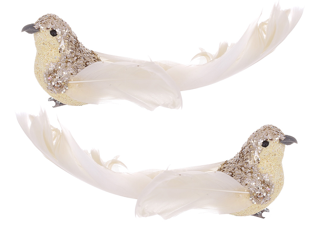 Декоративний птах на кліпсі 16см з декором з гліттера та перлів, 2 дизайни, колір - блідо-жовтий