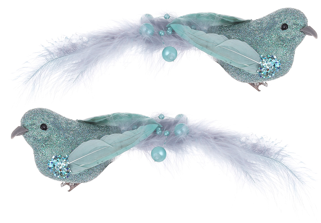 Декоративний птах на кліпсі 16см з декором з гліттера та перлів, 2 дизайни, колір - м'ятний
