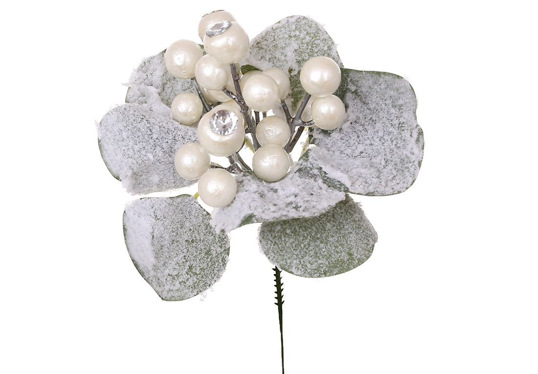 Гілка білих перламутрових ягід із засніженим листям, 24см