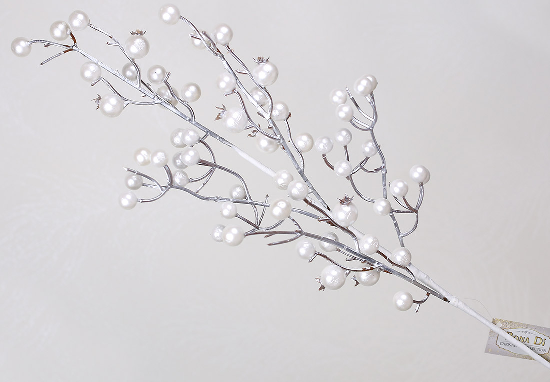 Декоративна гілка ягід 56см, колір-білий перламутр зі сріблом