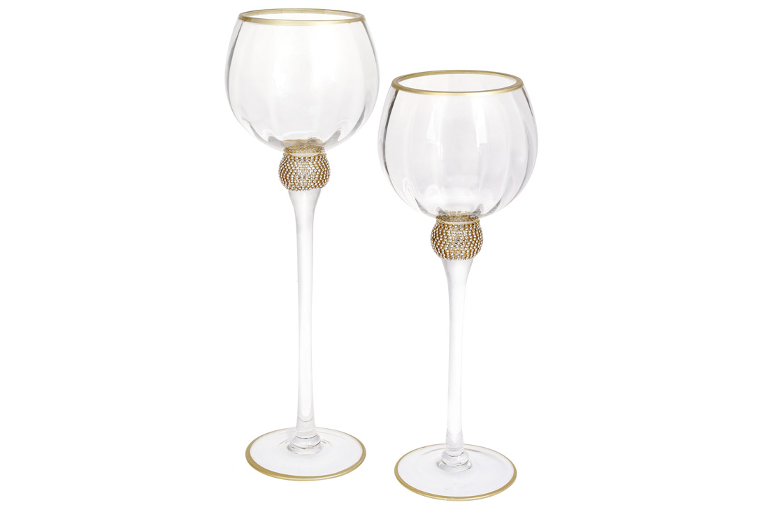 Набір (2 шт) скляних свічників зі стразами, 35/40см, колір - прозорий із золотом (Уцінка-повітря у склі) RM5-558