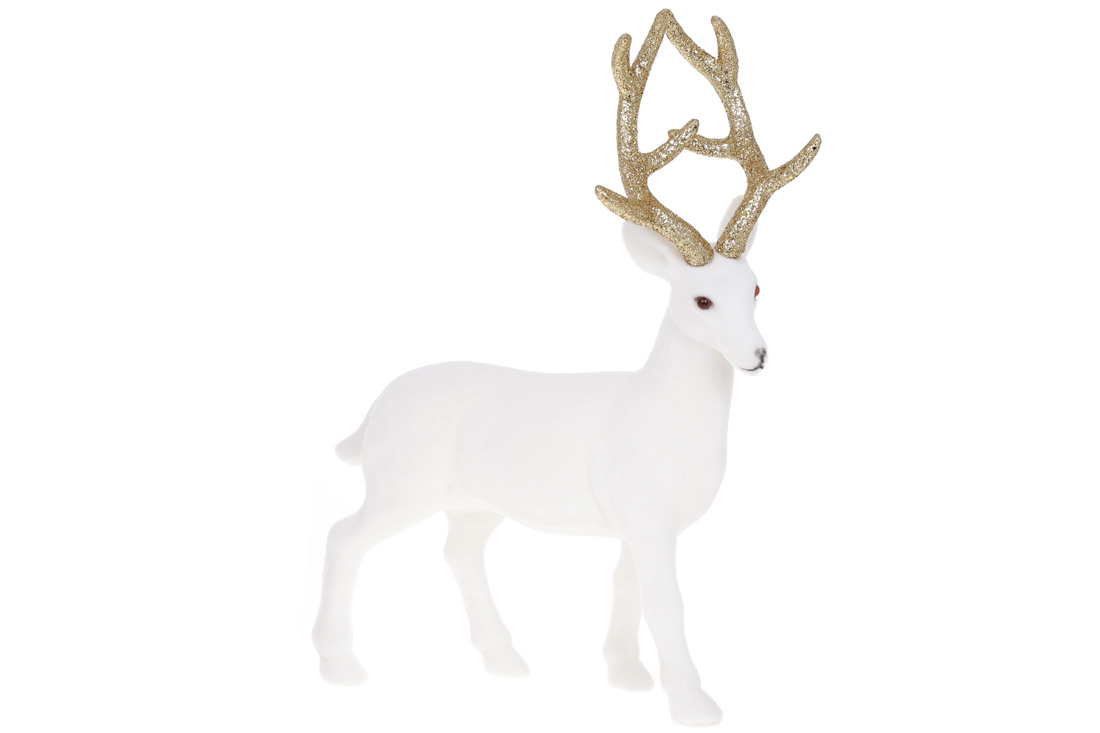 Новорічна декоративна фігура Олень 30см з велюровим покриттям та гліттерними рогами, колір - білий із золотом 113-837 оптом