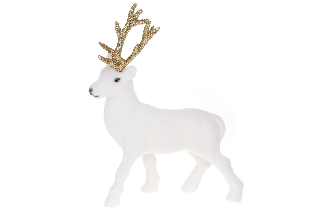 Новорічна декоративна фігура Олень 20см з велюровим покриттям та гліттерними рогами, колір - білий із золотом 113-839 оптом