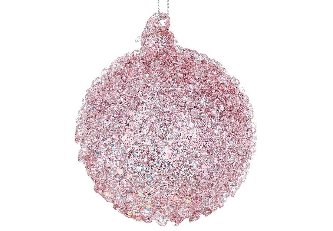 Ялинкова куля з кристалами та гліттером, 9см, колір - рожевий