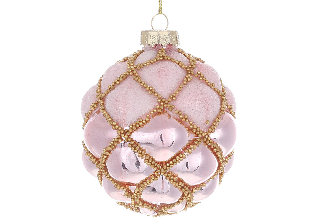 Ялинкова куля рельєфна, з цукровим покриттям, 8см, колір - рожевий із золотом RM5-814