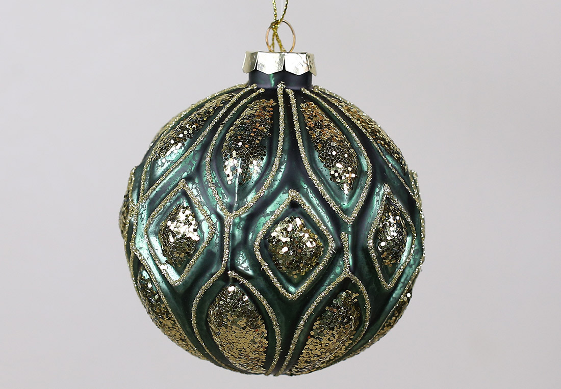 Ялинкова куля з декором з гліттера 10см, колір - смарагдовий антик RM7-182