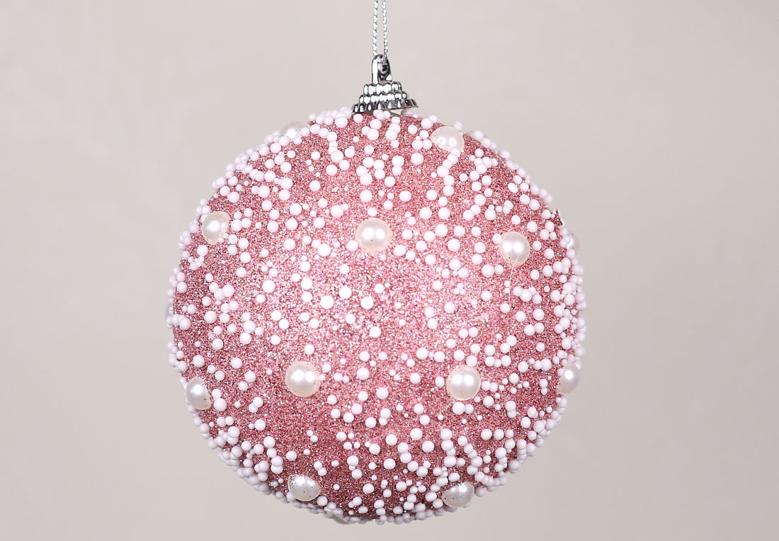 Ялинкова куля з бісером 10см, колір-рожевий гліттер RM7-312
