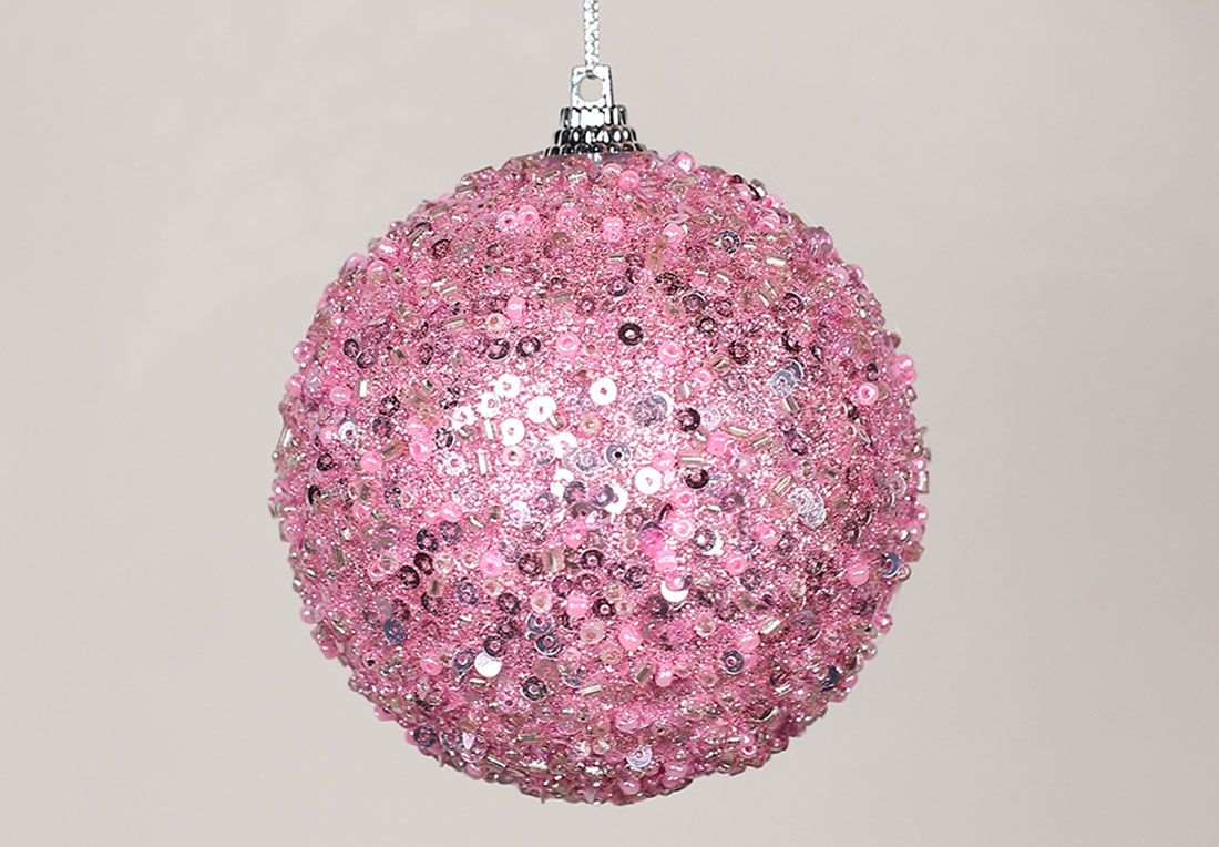 Ялинкова куля з бісером 8см, колір-рожевий гліттер. RM7-327