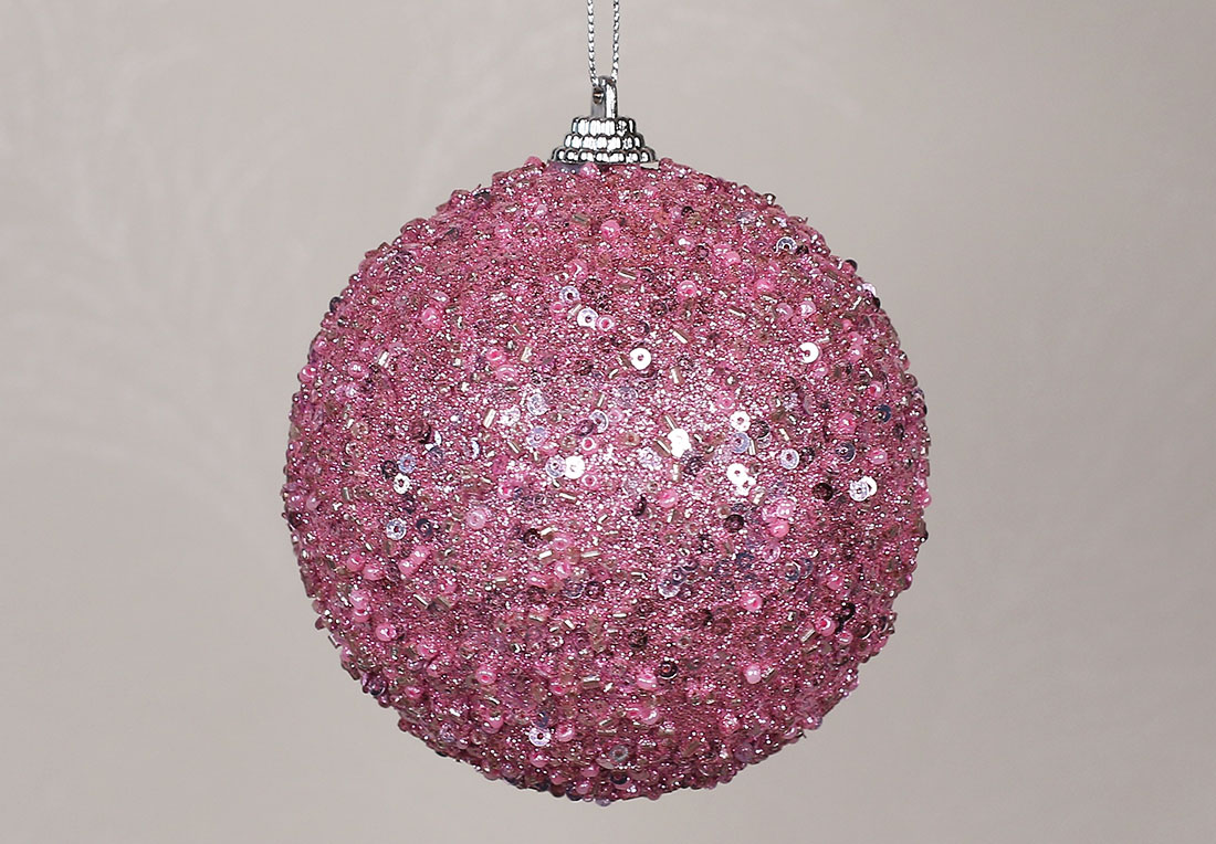 Ялинкова куля з бісером 10см, колір-рожевий глітер. RM7-330