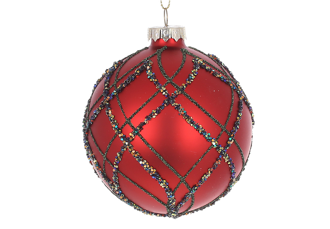 Ялинкова куля з декором із гліттера 8см, колір - червоний матовий RM7-482