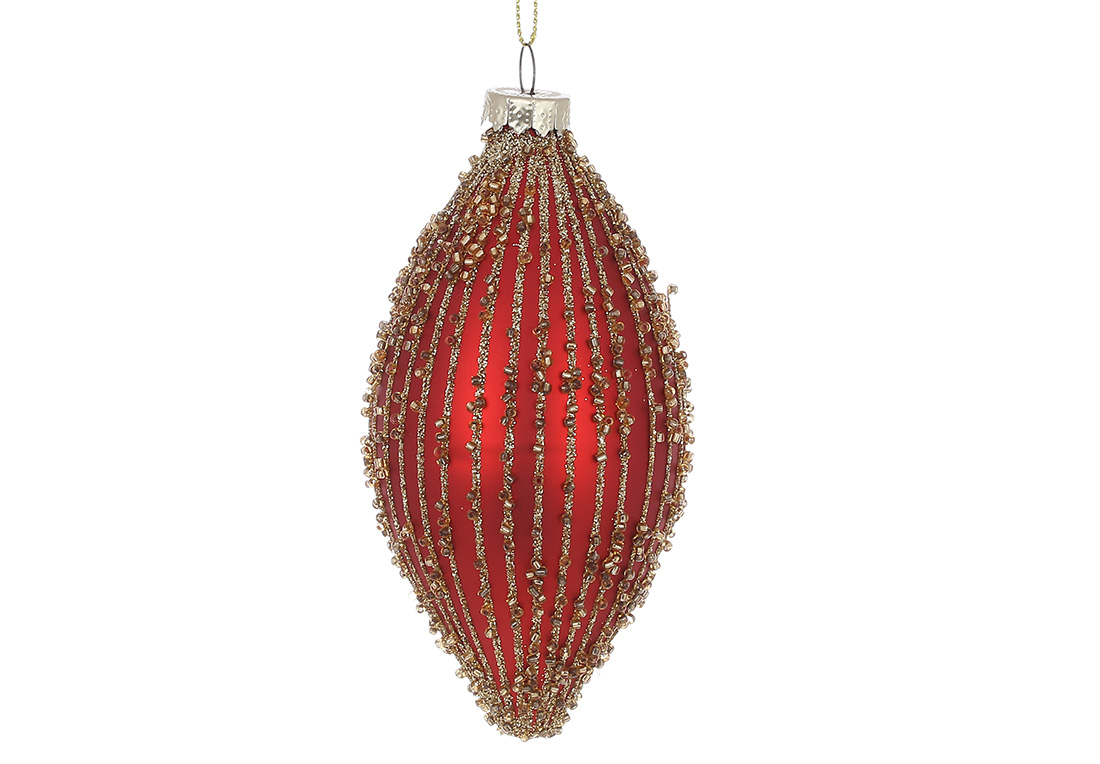 Ялинкова прикраса Олива з декором із бісеру та гліттера 7*13см, колір - червоний матовий із золотом RM7-484