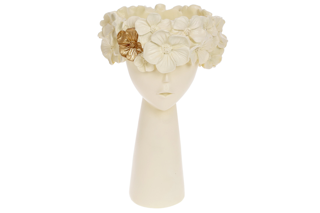 Декоративне кашпо Голова у квітах, 29,5см, колір - білий із золотом 457-303 оптом