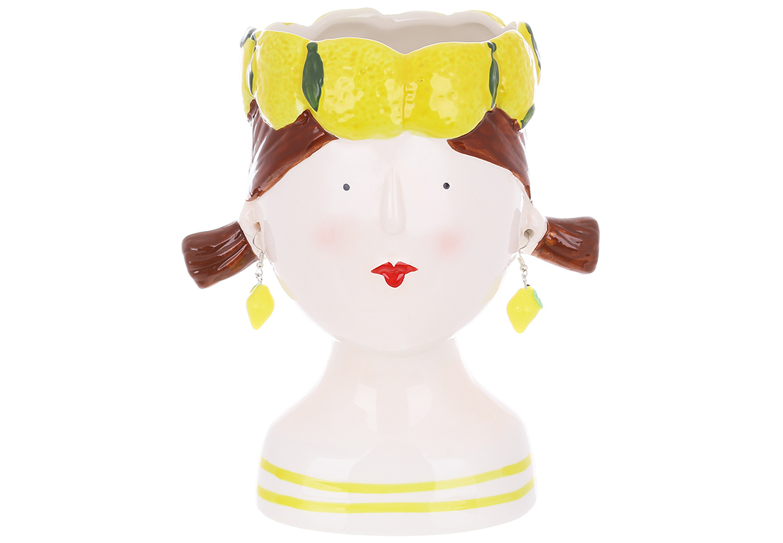 Декоративне кашпо керамічне Дівчина в лимонах, 19.5см, колір-білий з жовтим 733-702 оптом