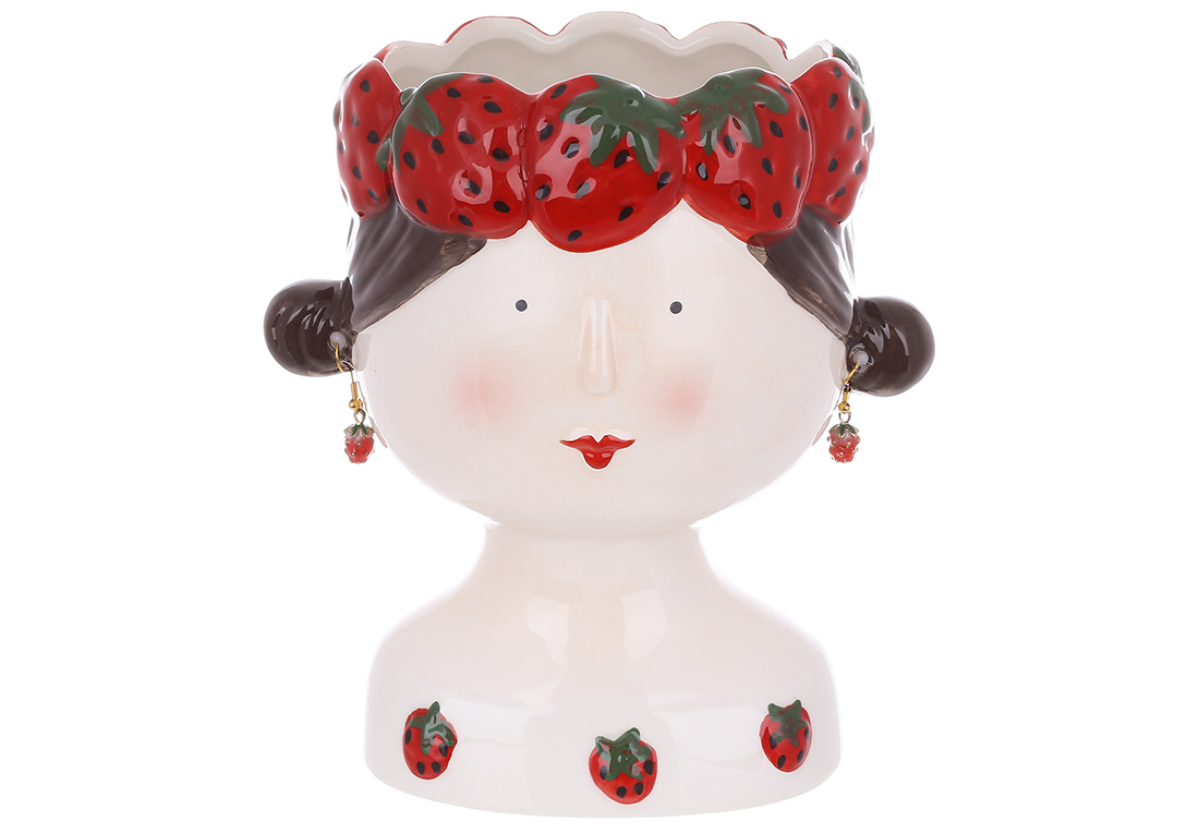 Декоративне керамічне кашпо Дівчина в полуниці, 17.5см, колір-білий з червоним 733-703 оптом